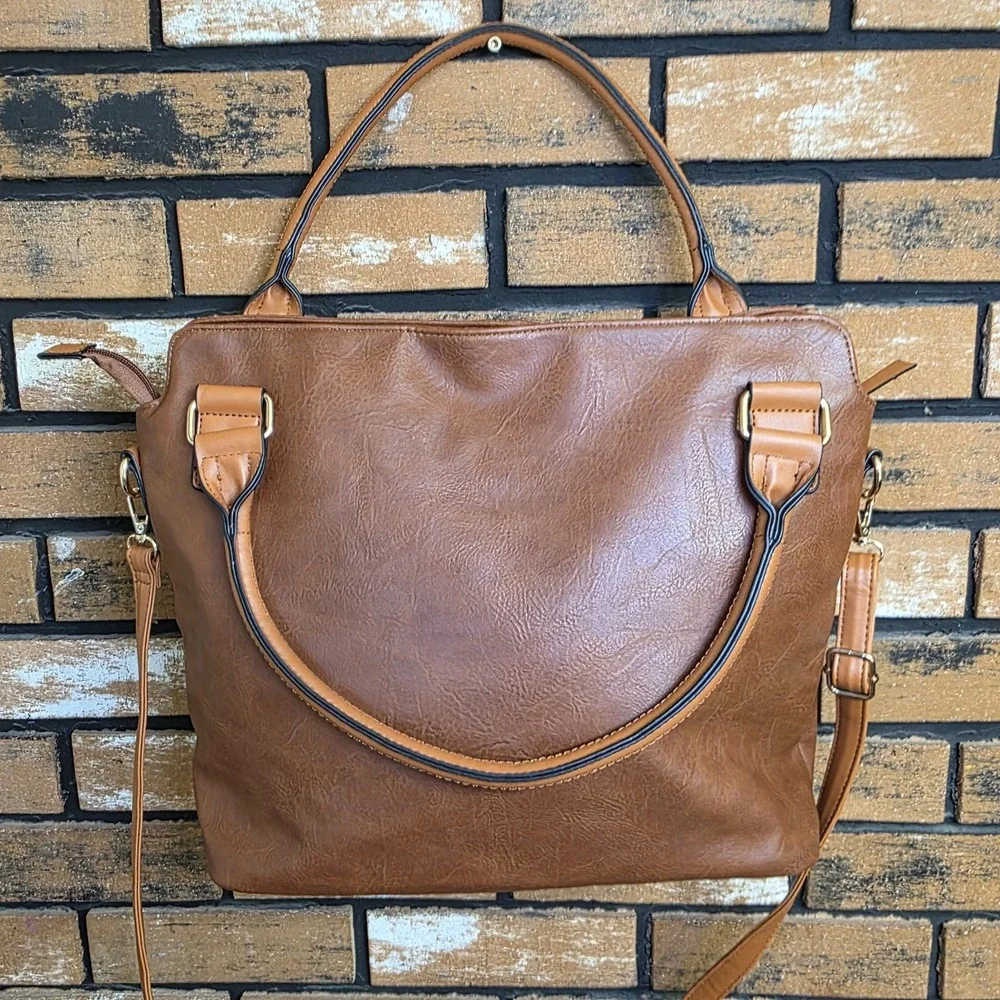 New Brown Soft Faux Leather Elegant Hobo Tote Bag with Crossbody Strap for Women